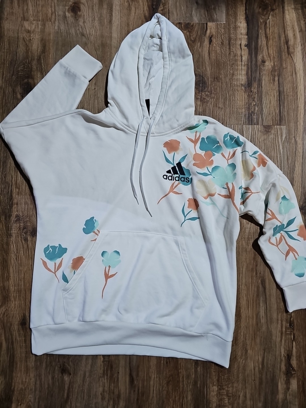 Adidas White Floral Print Hoodie Womens 1X Kangaroo Pocket Sweatshirt